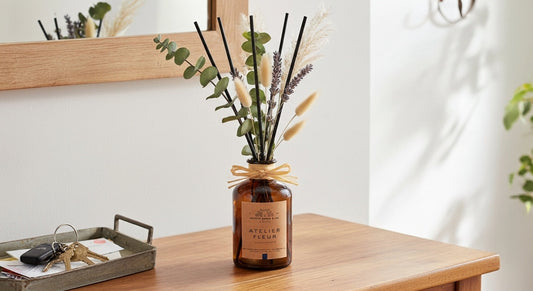 floral reed diffuser placed near the entry way to maximize the fragrance