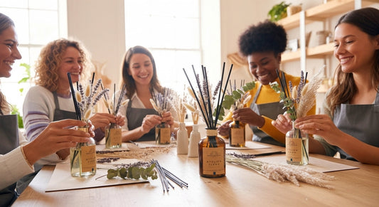 making your own reed diffuser class with other ladies smiling at a workshop environment